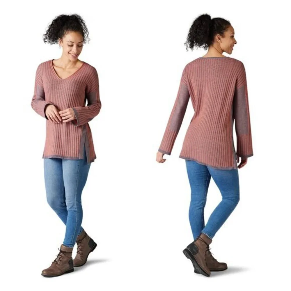 Smartwool Shadow Pine V-Neck Rib Sweater M Sparrow Heather/Sunset Coral Heather